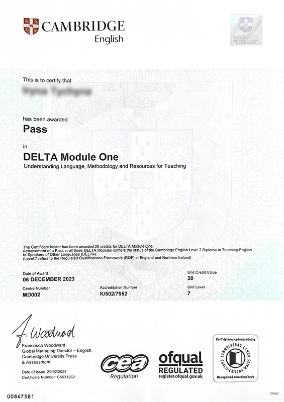 Пример сертификата DELTA