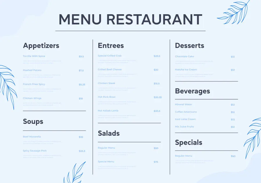 Меню англійською мовою: reading в ресторані